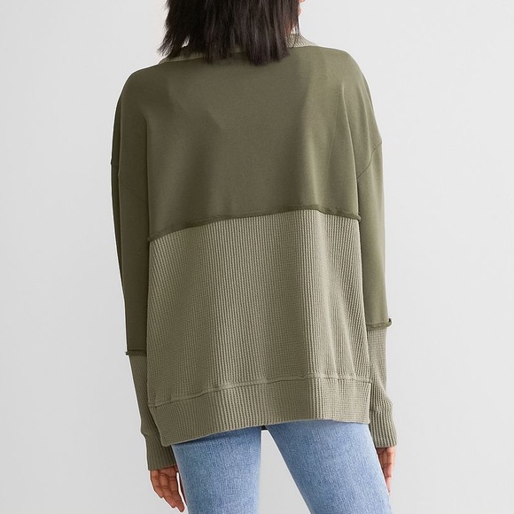 BKE Buckle Waffle Knit Lace Up Thermal Pullover, Olive Army Green, Women’s Large - Picture 15 of 16